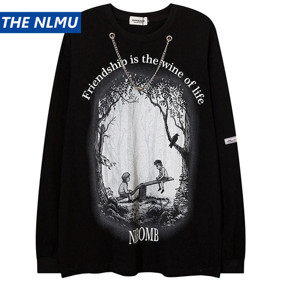 

Футболка мужская оверсайз в стиле Харадзюку, уличная одежда в стиле хип-хоп, Топ с длинным рукавом и ожерельем в стиле панк, черная белая, Y2K, 2023