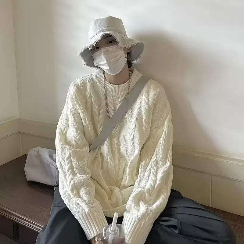 Мужской утепленный свитер осень/зима пуловер с круглым вырезом свободного кроя