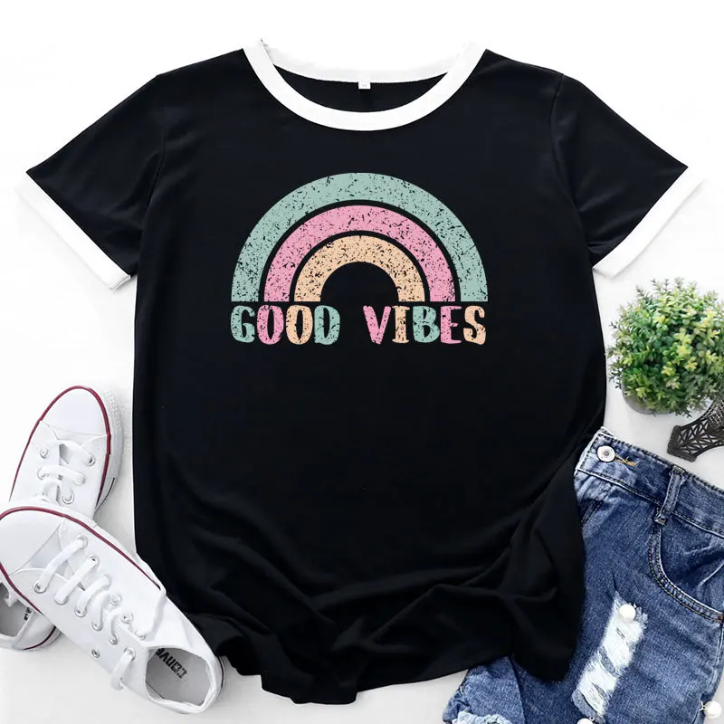 

Creative Rainbow Letters Printed graphic t shirts womens crop short sleeve tee Women's cotton t-shirt O-Neck Plus Size 5XL