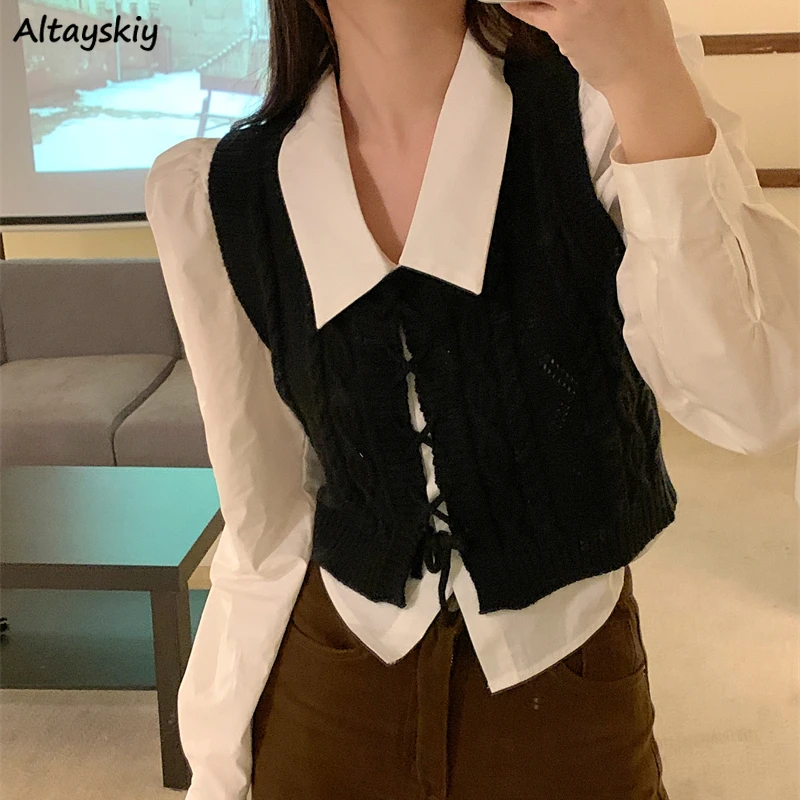 

Укороченный свитер, жилет, Женский дизайнерский однотонный черный вязаный жилет с поясом, универсальный свободный свитер без рукавов в сти...