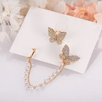 korean elegant zircon butterfly earrings for women sweet girls pearl chain asymmetrical stud earrings fashion jewelry party gift
