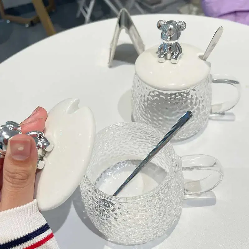 Стеклянная кружка с милым медведем крышкой и ложкой термостойкая стеклянная