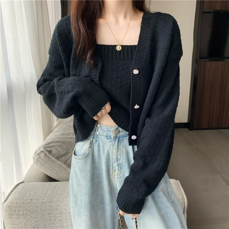 

Knitted Cardigan Suspender Tops Clothing Sweater Korean Women Knitted Two Piece Set Long Sleeve Casual Loose Lady