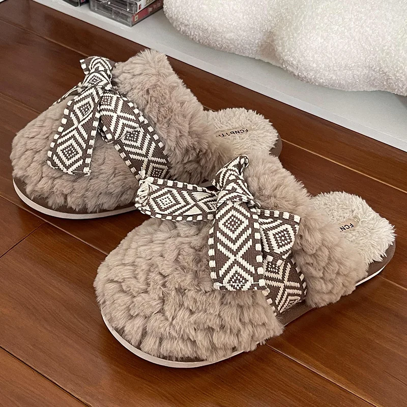 Winter Warm Plush Slippers Cute Bowknot Designer House Women Fur Slides Slippers Female Man Floor Mute Unisex Indoor Fluffy Shoe