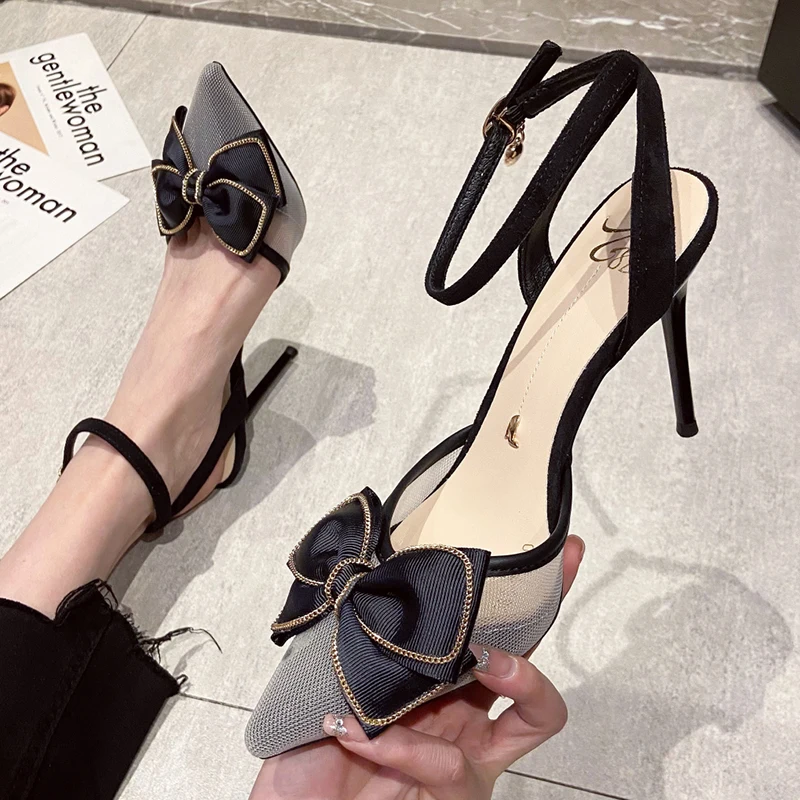 

Lucyever Big Bowknot Mesh High Heels Shoes Women 2022 Pointed Toe Ankle Buckle Pumps Woman Thin Heeled Slingback Sandals Ladies