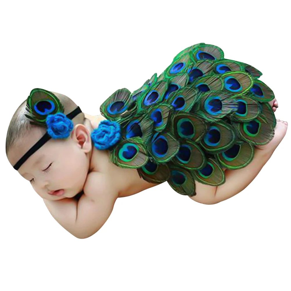 Cute Peacock Feather Clothing Headband Set Newborn Costume Outfits Baby Shot Photo Props Infant Clothing Photography Accessories