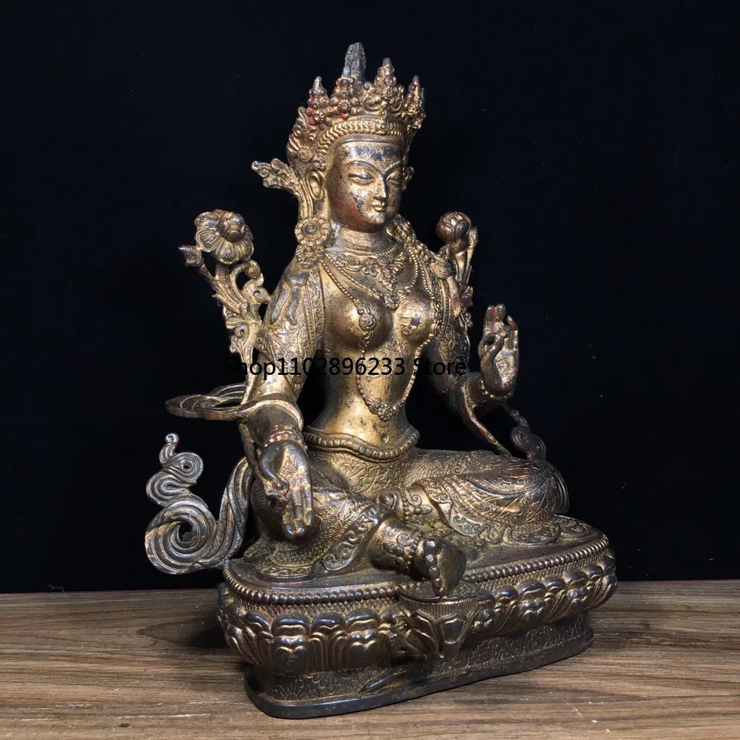 Тибетская латунь грязь золото киноварь окрашенная Гуаньинь зеленая Тара Будда