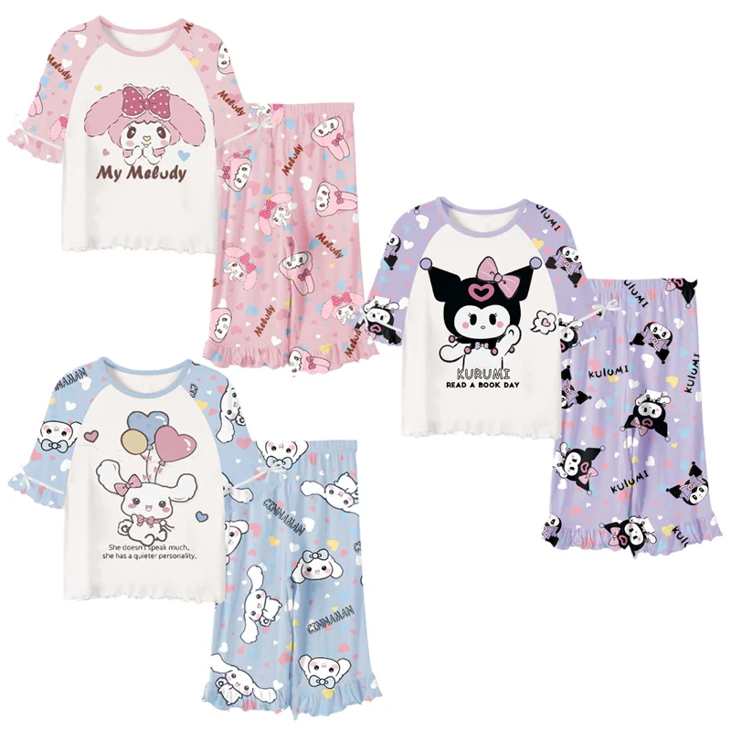 

Anime Sanrioed My Melody Kuromi Cinnamoroll Printed Girl's Cotton Summer Pajama Set Kawaii Short Sleeved Top Pants Home Clothe