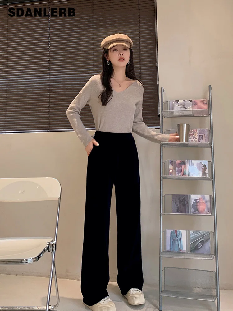 

Women's High Waist Slim-Fit Wide-Leg Pants 2021 Winter New All-matching Thick Long Pants Black Female Long Sweat Pants