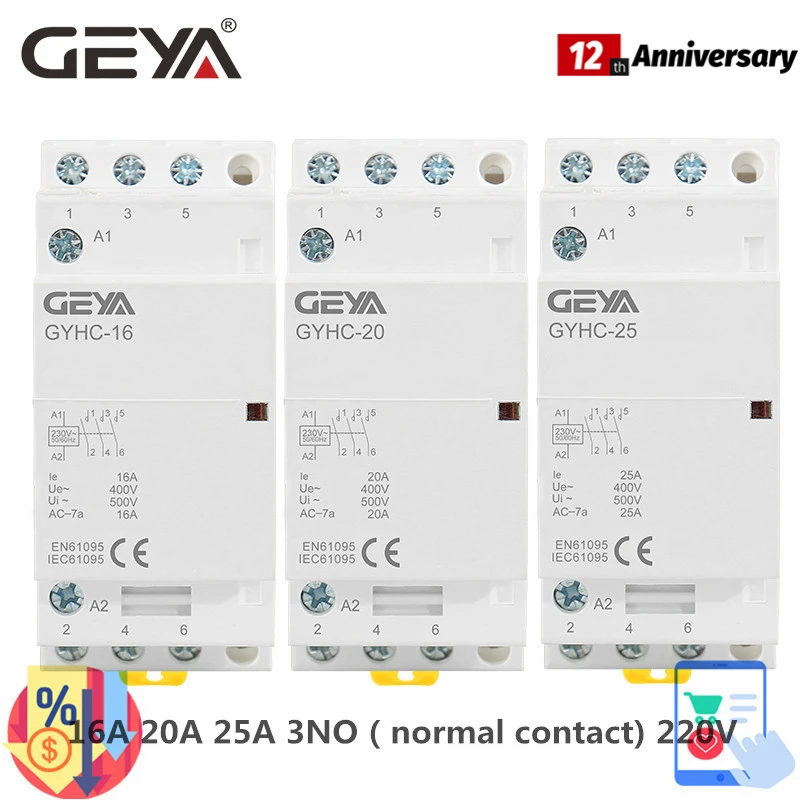 GEYA 3 Phase Modular Contactor 16A 20A 25A 3 Normal Contact 220V Din Rail Household AC Modular Contactor Automatic