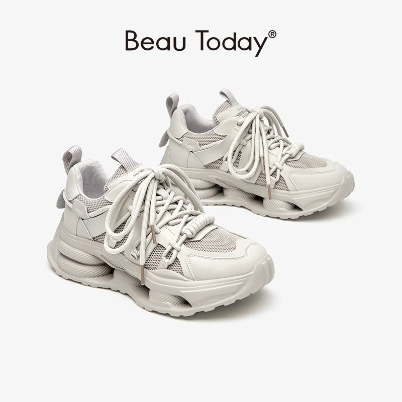 

Chunky Sneakers Women Synthetic Leather Mesh Patchwork Round Toe Lace-Up Thick Se Ladies Shoes Handmade 29522