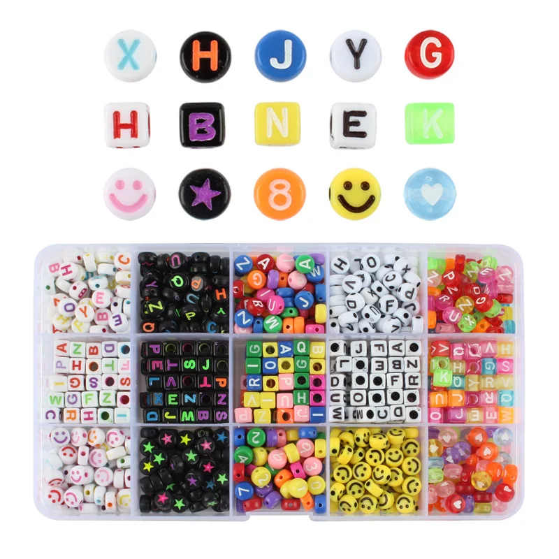 

750Pcs/Set Jewelry Making Kit Number Letter Acrylic Beads Smile Square Round Alphabet ABC Spacer Beads DIY Bracelets Necklace
