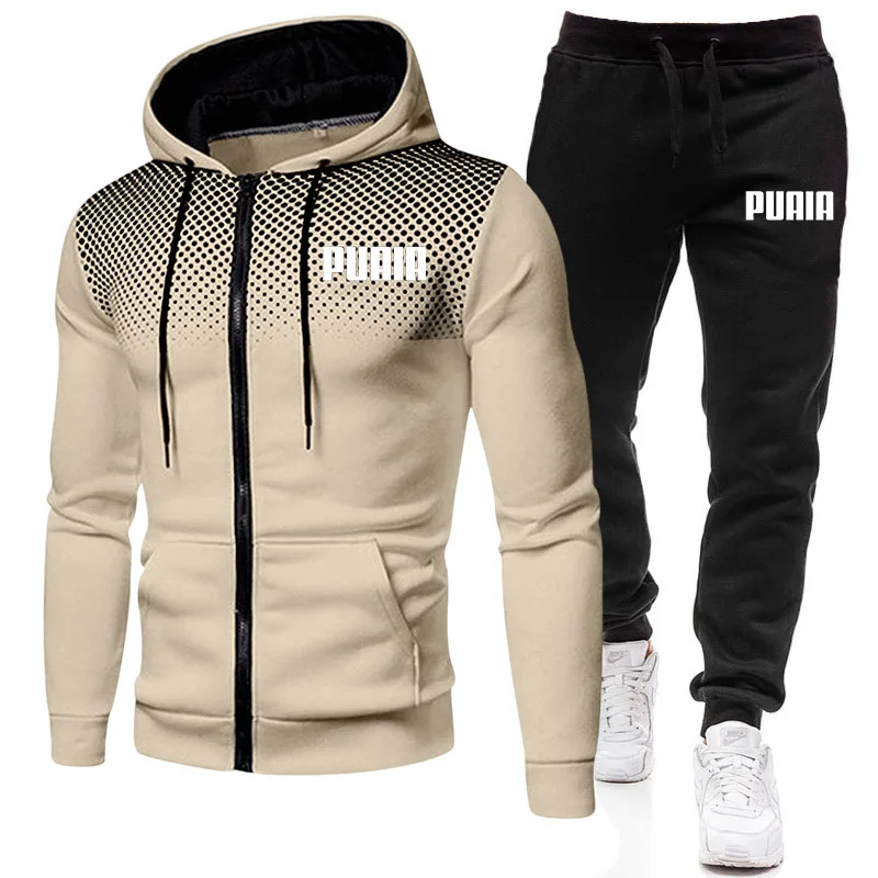 2023 New Spring PUAIA Hoodie Set Plush Zipper Sweater Casual Sports Sweater Men's Exercise