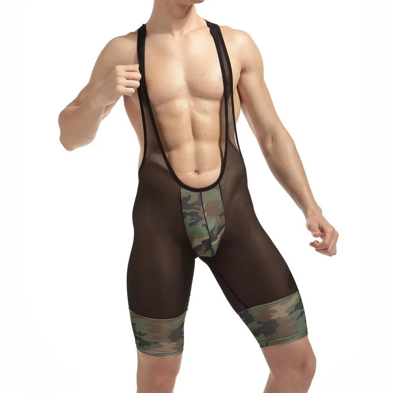 Mesh Men Undershirt Sexy Jumpsuit See Camouflage Soft Breathable Underwear Transparent Shorts Bodysuits Boxers Wrestling Suits