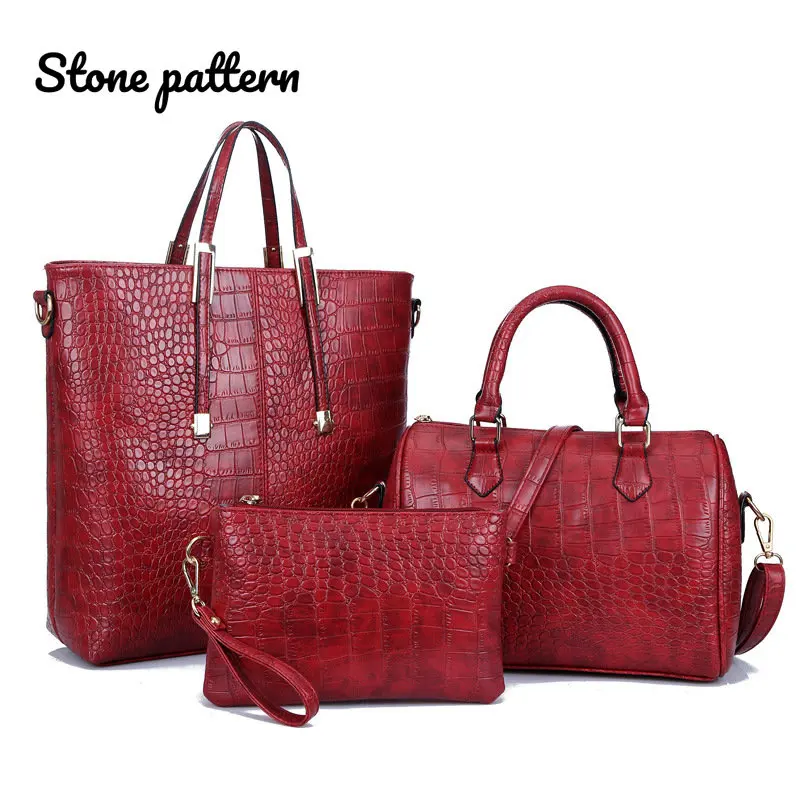 Amberler Fashion PU Leather Women Handbags Luxury Designer Crocodile Pattern 3 Pieces Sets Shoulder Bag High Quality Tote Bags