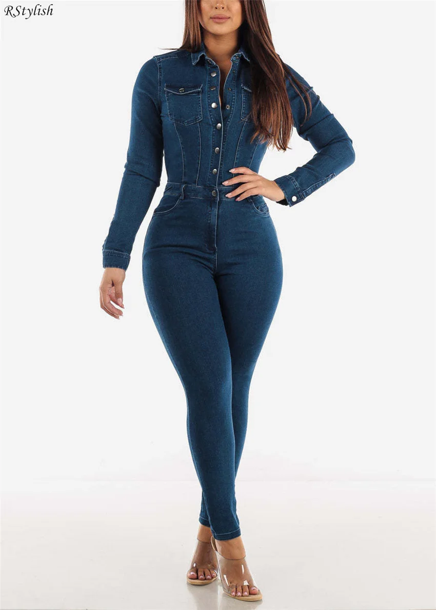 Long Sleeve Denim Jumpsuit Women 2022 Single-breasted Turn Down Collar Overalls Fall Winter Streetwear Slim One Piece Jumpsuits