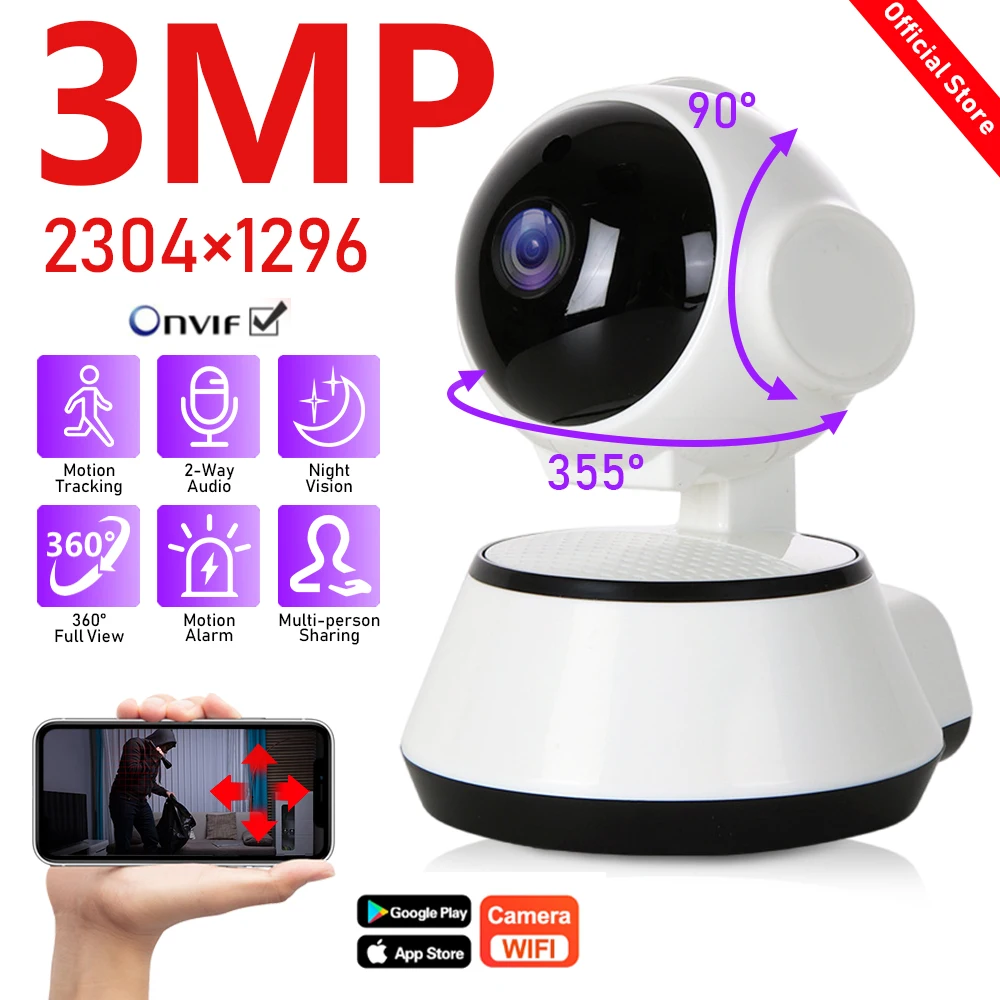 3MP 2MP PTZ Surveillance Camera WiFi Indoor Video Home Security Baby Monitor IR Full Color Night Vision AI Body Auto Tracking