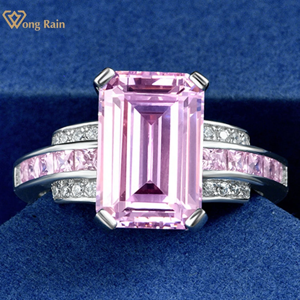 Wong Rain 18K Gold Plated 925 Sterling Silver Emerald Cut Pink Sapphire High Carbon Diamond Gemstone Fine Jewelry Ring For Women