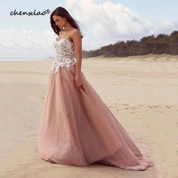 chenxiao a line wedding dresses pink tulle strapless sleeveless lace ivory white appliques bridal gowns vestido de novia