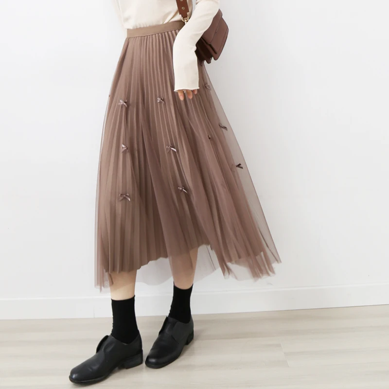 

Женские плиссированные юбки с бантом, весна-лето 2022, новая сетчатая трапециевидная юбка с высокой талией, элегантные женские юбки миди, Двус...