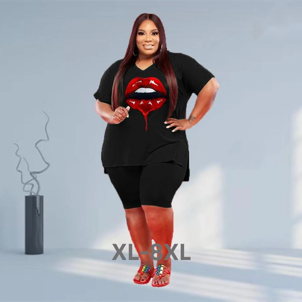 Plus Size Two Piece Set Women Wholesale Clothing Shorts Sets Casual v Neck Lips Print Slip Hem Crop Top and p 3xl 4xl 5xl 6xl
