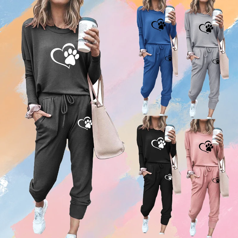 

Cat Paw Women Sweatshirt Hoody Set 2022 New Ladies Hooded Heartbeat Printed Casual Pullovers + Sweatpants Yoga Long Sleeve Suits