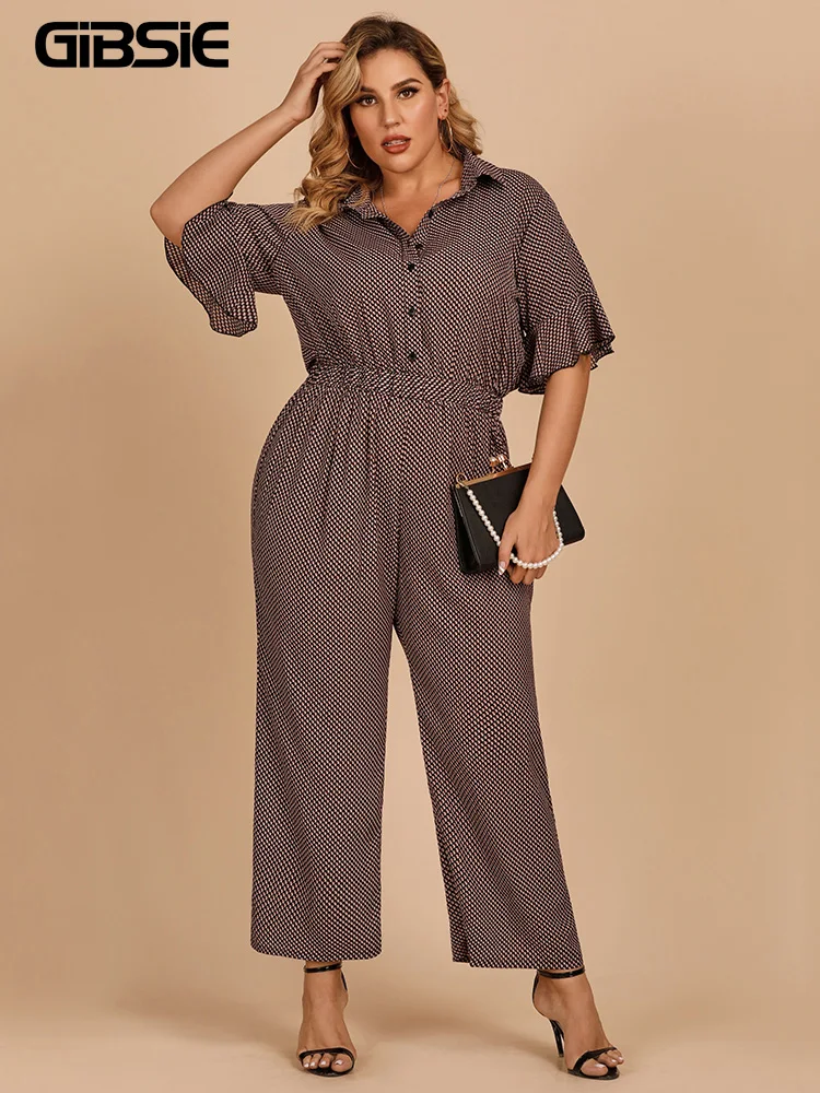 

GIBSIE Plus Size Ruffle Sleeve Print Half Button Shirt Jumpsuit Women Summer High Waist Casual Wide Leg Jumpsuits Without Belt