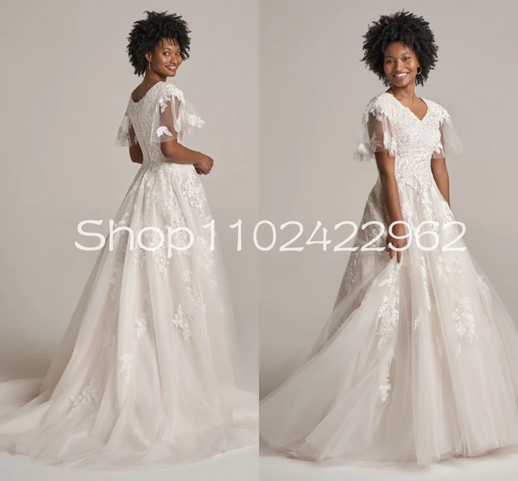 

Whimsical wedding gown with modest fairy illusion lace sleeves lace applique bohemian country bridal dresses outfits