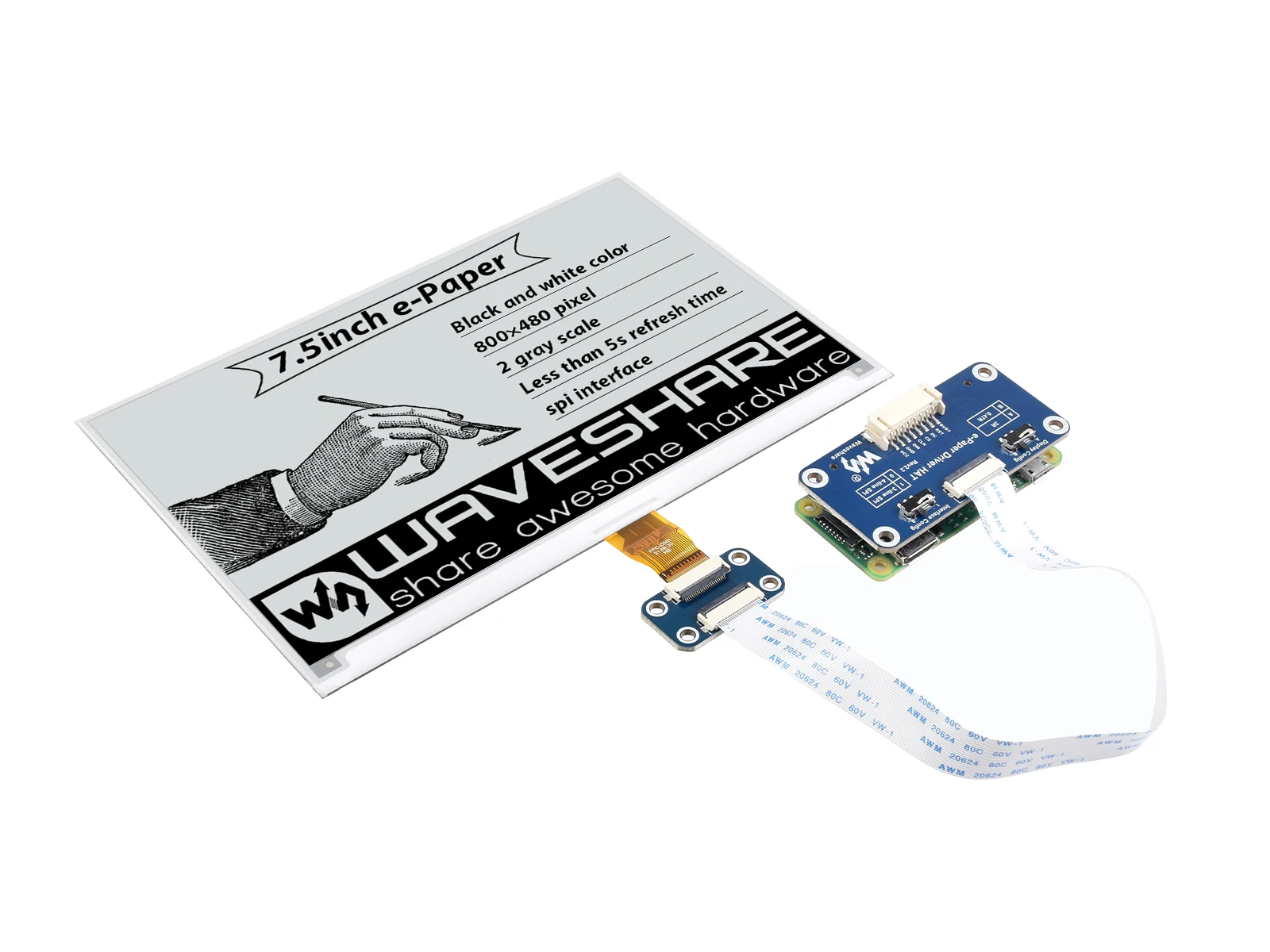 

7,5 дюймовый E-Ink HAT E-paper Display 800x480 поддерживает Raspberry Pi /Jetson Nano/Arduino/STM32
