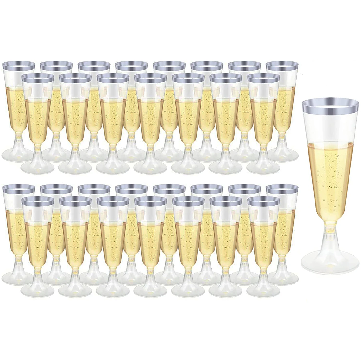 

42pcs Plastic Champagne Flutes with Silver Rim, Clear Disposable Toasting Glasses 5 Oz, Plastic Cocktail Cups Party Cups