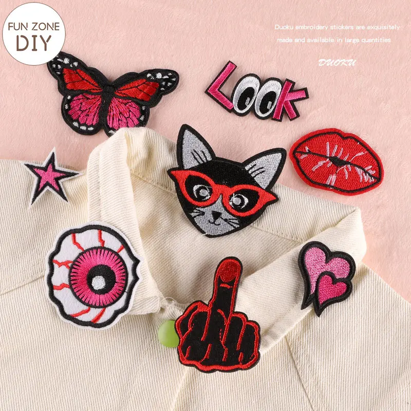 FZdiy Patches for Clothing Cat Butterfly Red Lips Thermoadhesive Patch Iron on Embroidery Applique Clothes |