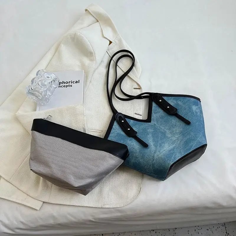 Contrast Cowboy Blue Large Capacity Shopping Bag for Women Travel Handbag Versatile Retro Shoulder Bag Fashion Handbag 2023