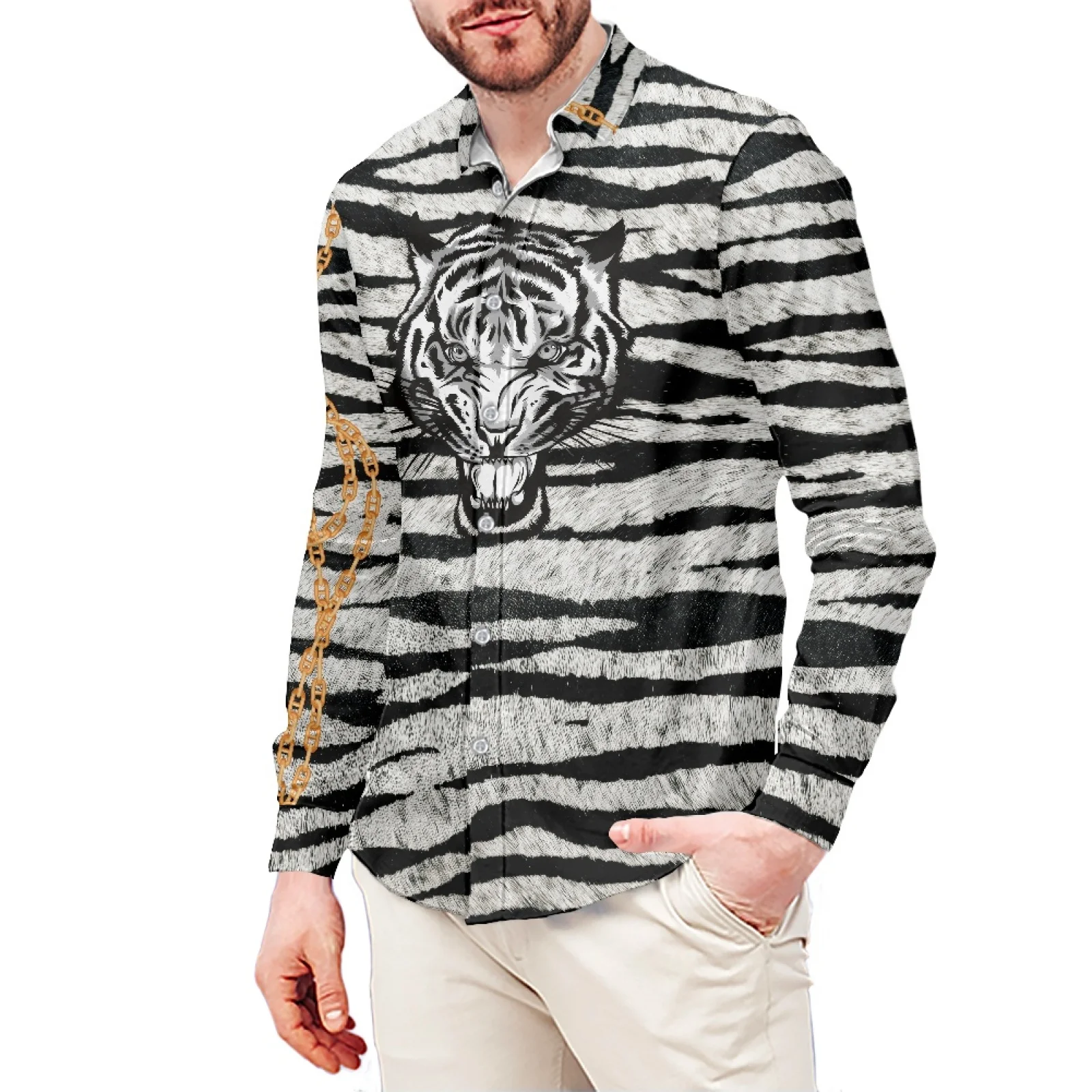 Tiger Head Tribal Print Men's Dress Men's T-Shirt Pornesian Sport Style Men's Shirt Stand Collar 6XL Long Sleeves Winter