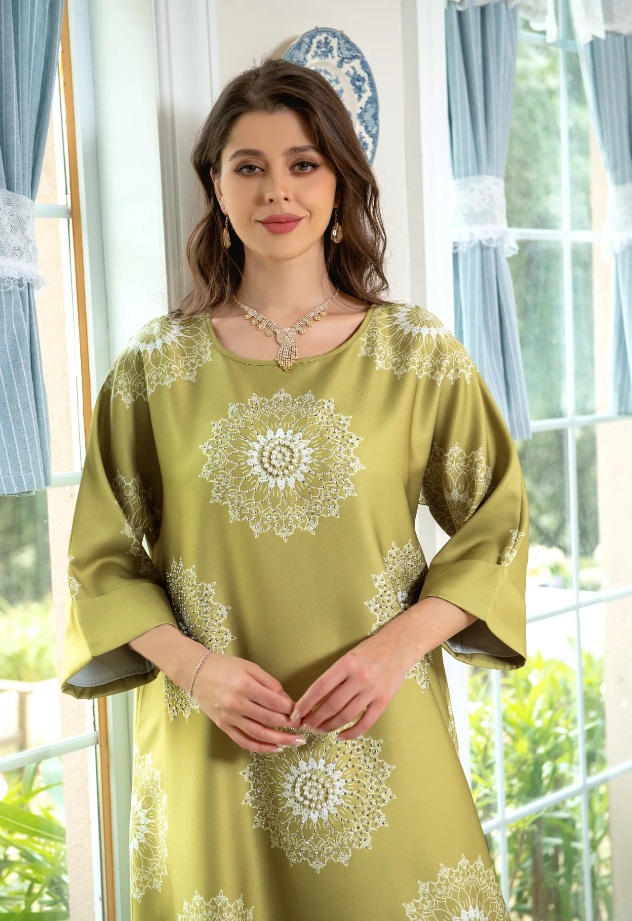 Irregular Robe 2023 Cross Border Women's Flower Hot Diamond Bubble Bead Light Luxury Craft Printed Dress Muslim Dress Women