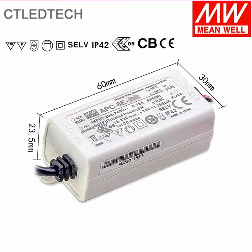 MEAN WELL APC-8E Series 8W250mA/350mA/500mA/700mA Constant Current EU Standard Small Driver Class Ⅱ IP42 for LED Ceiling Light |