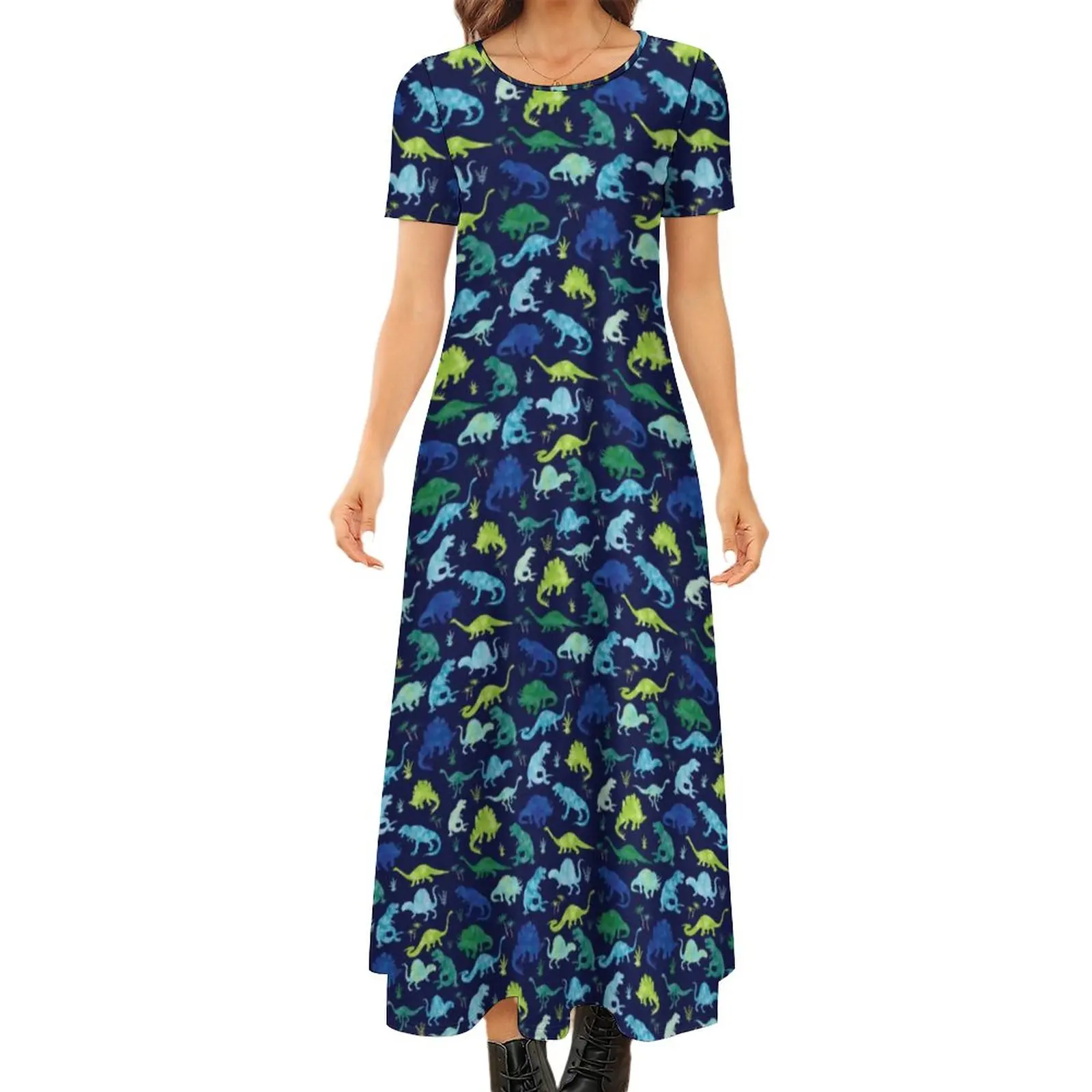 

Watercolor Dinosaurs Dress Animal Silhouette Streetwear Boho Beach Long Dresses Women Cute Maxi Dress Big Size 6XL 7XL