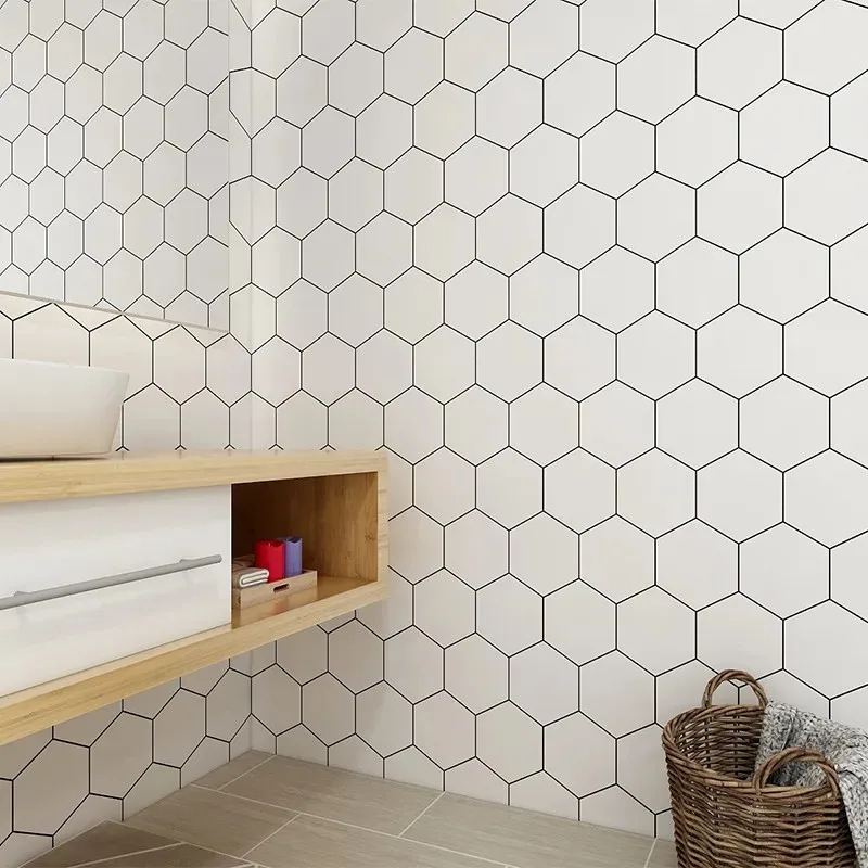 Wallpaper PVC Hexagon Geometric Wallpaper Kitchen Bedroom Waterproof Thickened White Self-adhesive Contact Paper