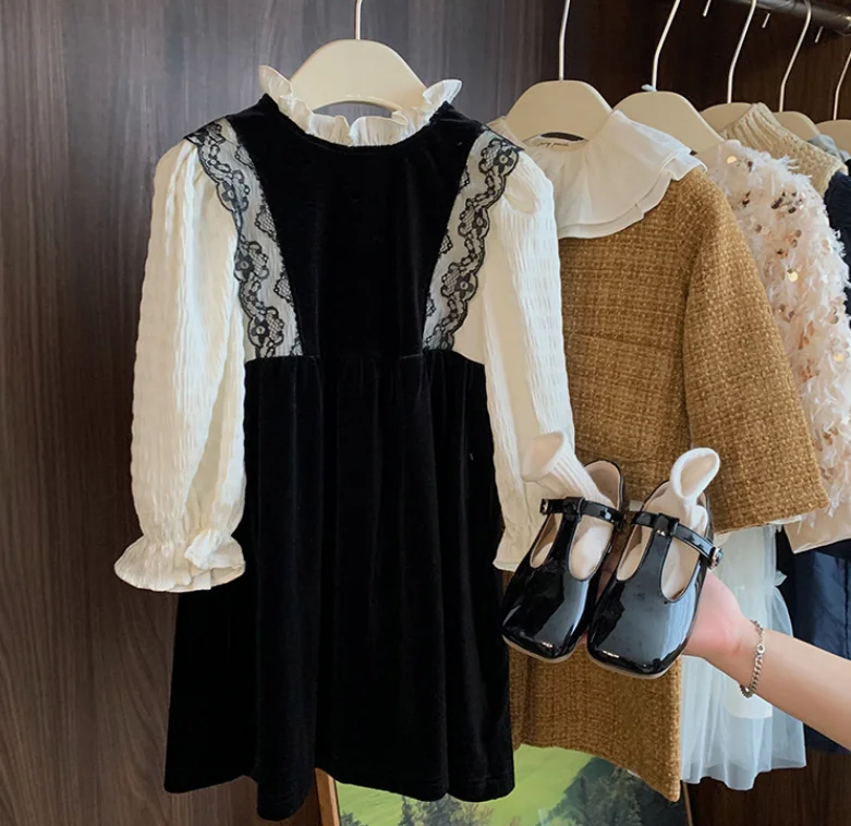 

Retail 2023 Fall Long Sleeve Baby Girls Lace Dress , Girls Princes Sweet Fake 2 Pieces Clothes 2-7T