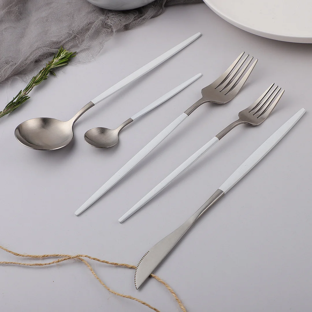 

Matte Dinnerware White Silver Travel Cutlery Set Tableware Set Wedding Spoons Forks Knives Combination Flatware Dropshipping