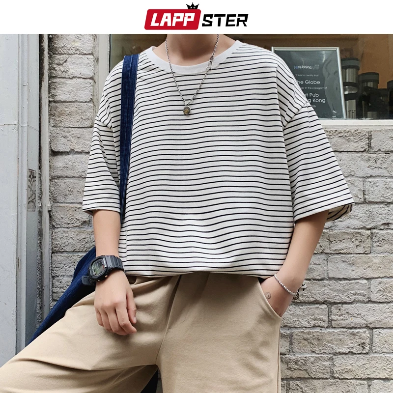 

LAPPSTER Oversized Harajuku Yellow Striped T Shirts 2022 Summer Cotton Graphic T Shirt Couple Korean Fashions Black White Tops
