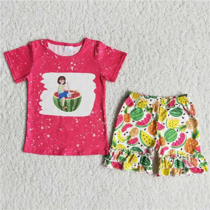 

Summer Fashion Comfortable Cute Cool Girls Watermelon Fruit Short Sleeve Shorts Set Boutique Store Spot Big Hot Sale