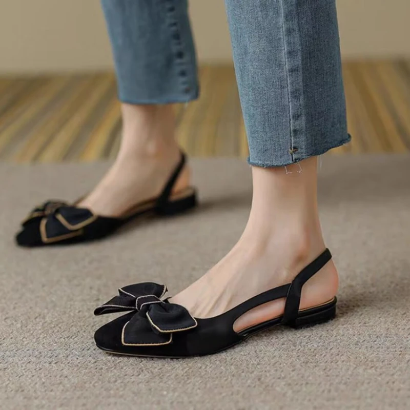 

New Sandals Women Summer Sandals Pointed Bow One Word Flip Flops Flat Bottom Retro Breathable Sandals Zapatos Para Mujer