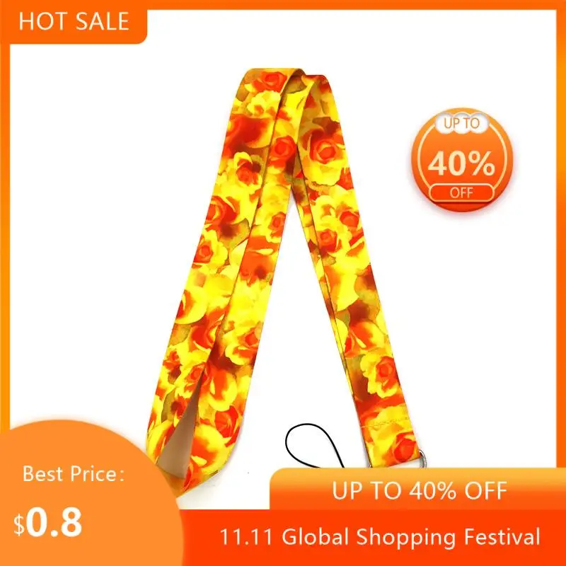 

Yellow Rose Flowers Lanyard Keys Phone Holder Funny Neck Strap With Keyring ID Card DIY Animal webbings ribbons Hang Rope