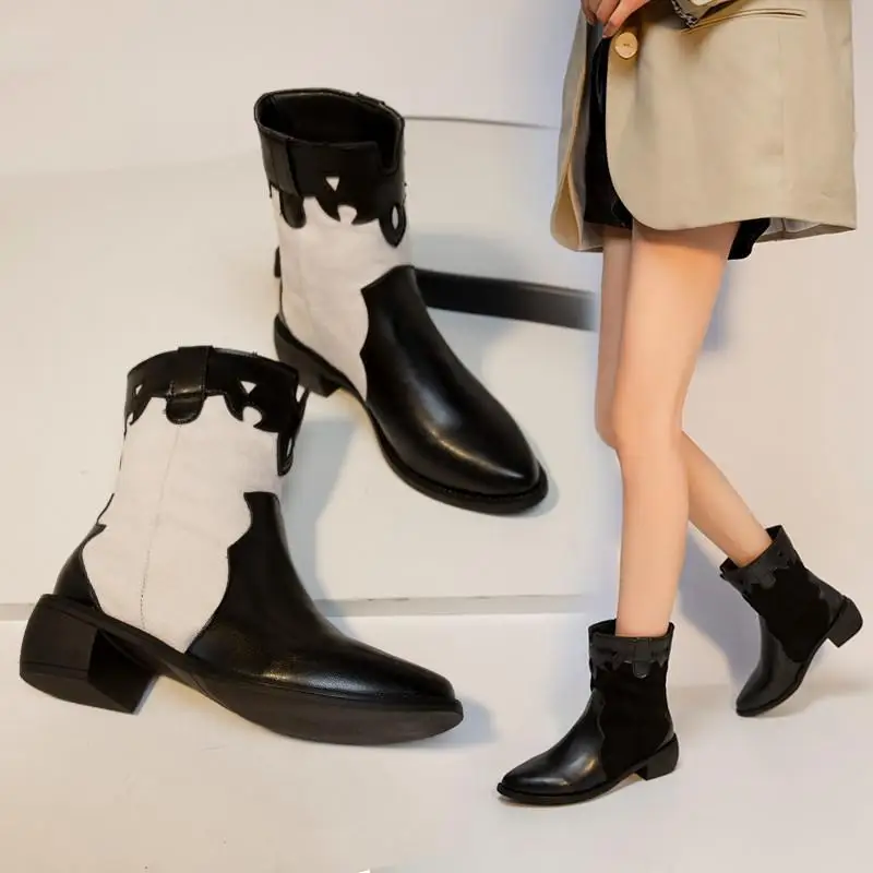 

Сетчатые красные ковбойские короткие сапоги в западном стиле, Новинка лета 2022, модные Универсальные однотонные сапоги на толстом каблуке с ...