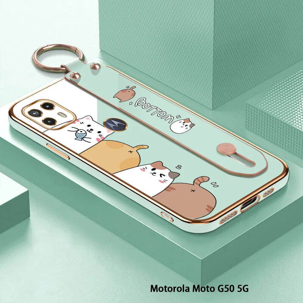

(With Wristband) For Motorola Moto G50 4G 5G G53 G52 G22 G60 G30 G10 Cartoon Cat Cover Case Luxury Plating TPU Phone Cases