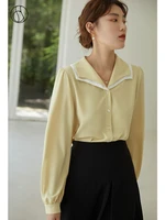dushu women shirt french contrast double collar shirt solid long sleeve slim shirt button up shirts women vintage design shirts