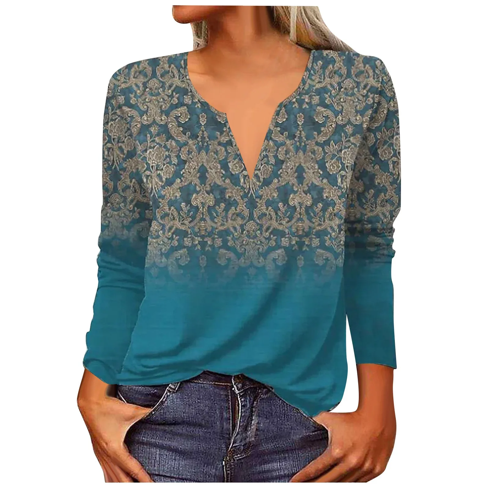 

Women's New V-Neck Fashion Print Long Sleeve T-Shirt Slim Top Casual Tops plus rozmiar topy قمصان وبلوزات taglie forti outwears