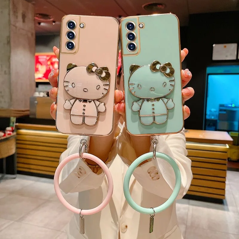 

Sanrio Hello Kitty Makeup Mirror Holder with Bracelet Phone Cases For Samsung S22 Ultra S21 S20 s10 puls