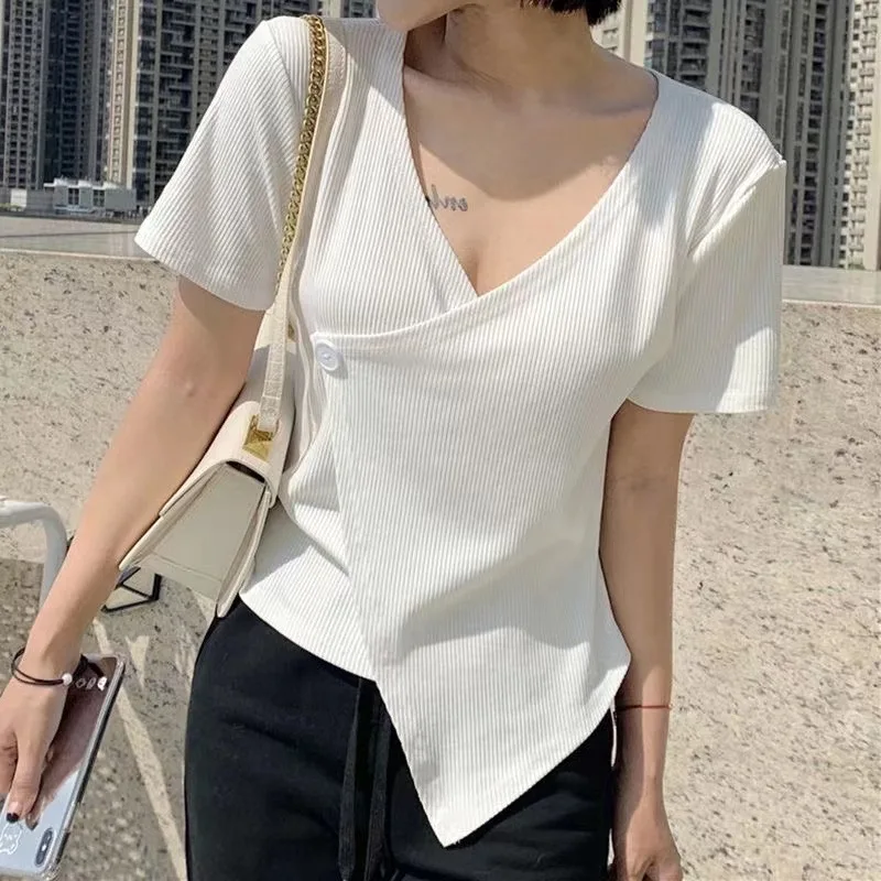 

Summer V-neck Crop Top Women Slim Fit Short Sleeve T-shirt Kawaii Clothes Vintage Shirts for Women Plus Size Tshirt 3XL Y2k Top