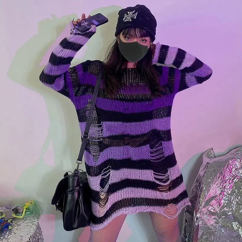 

New Pink Striped Gothic Sweaters Women Ripped Holes Loose Knitted Pullover Frayed Fairy Grunge Jumpers Emo Streetwear Lolita